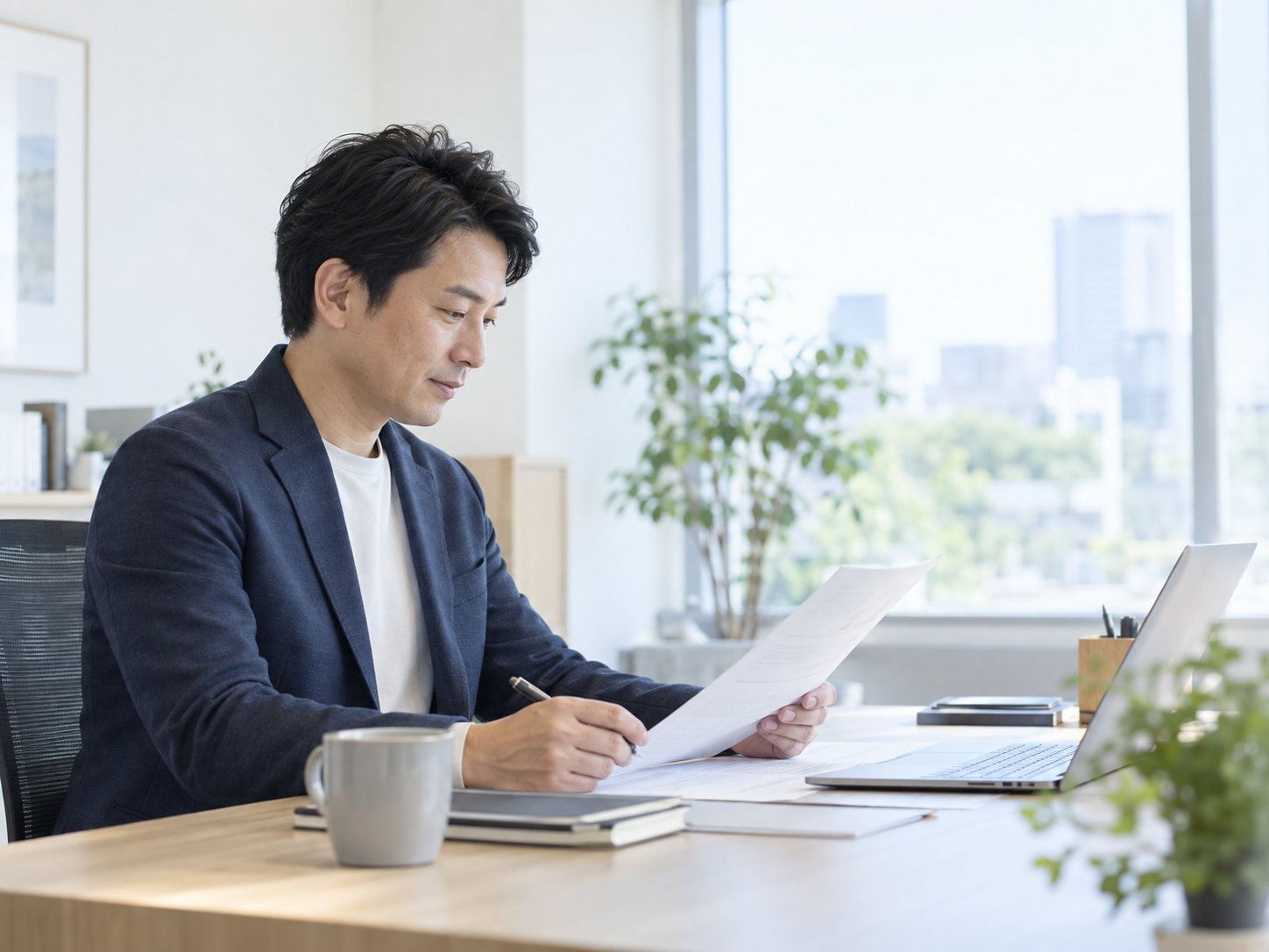 資料を確認する福祉事業の責任者