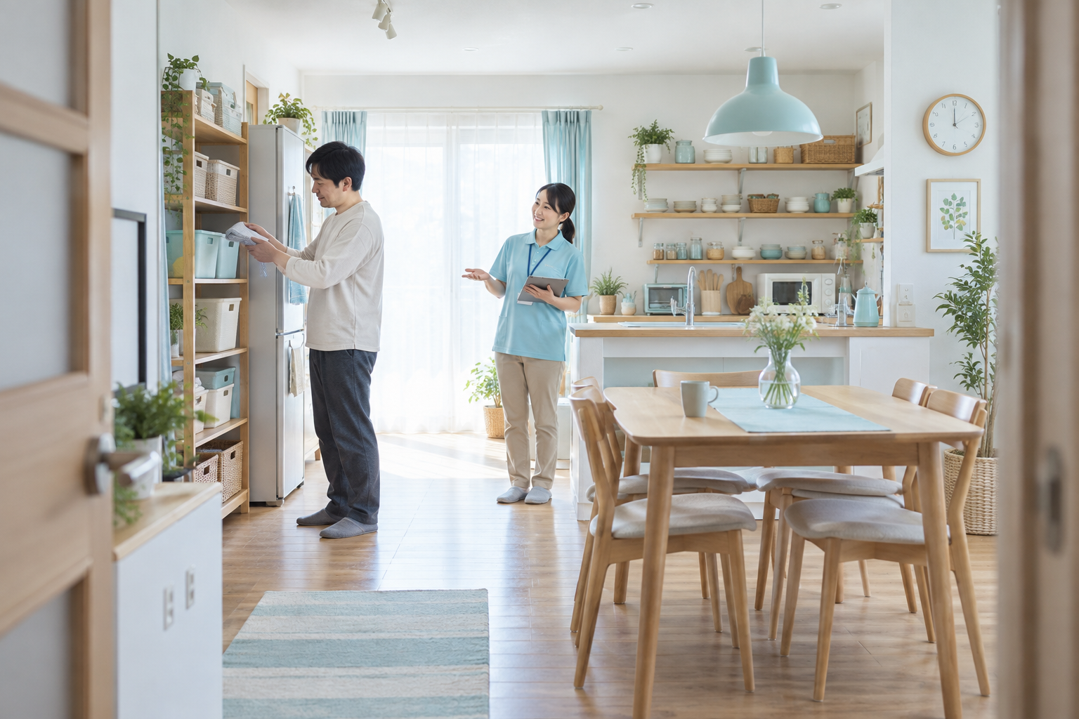 利用者様が支援者と一緒に生活用品を整理する様子