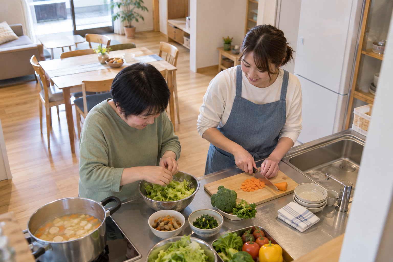入居者様とスタッフが一緒に食事を準備する様子