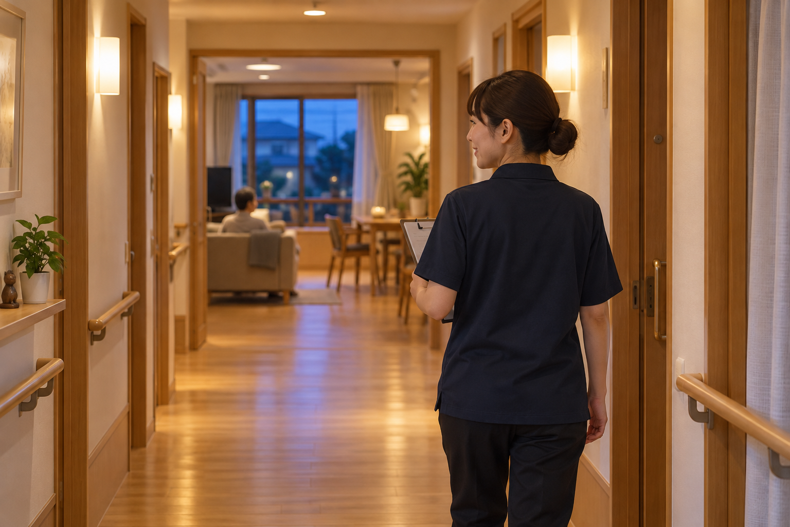 夜間のグループホーム内を見守るスタッフ